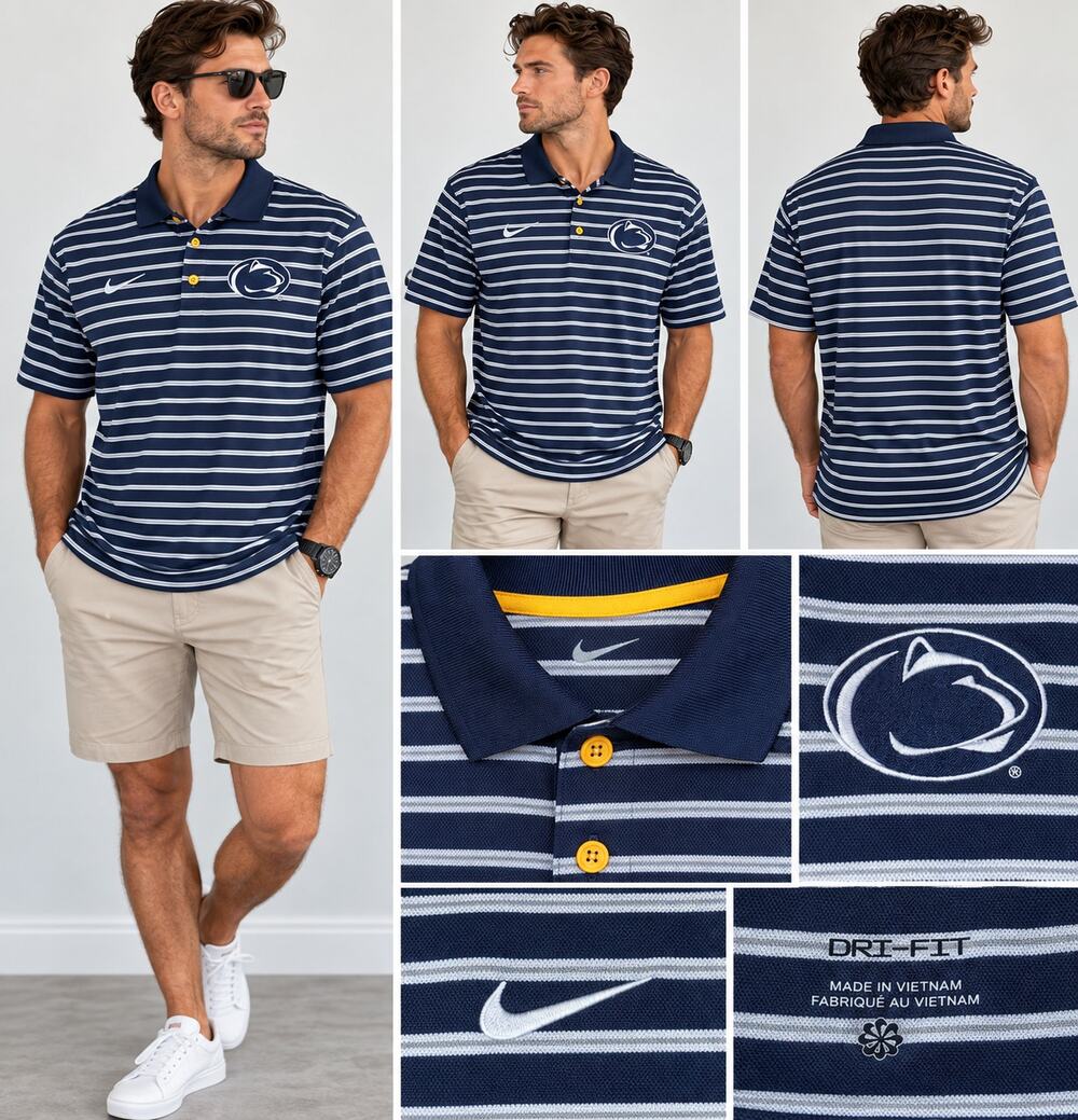 Nike Penn State Nittany Lions Dri-FIT Striped Polo Navy White NWT SMALL